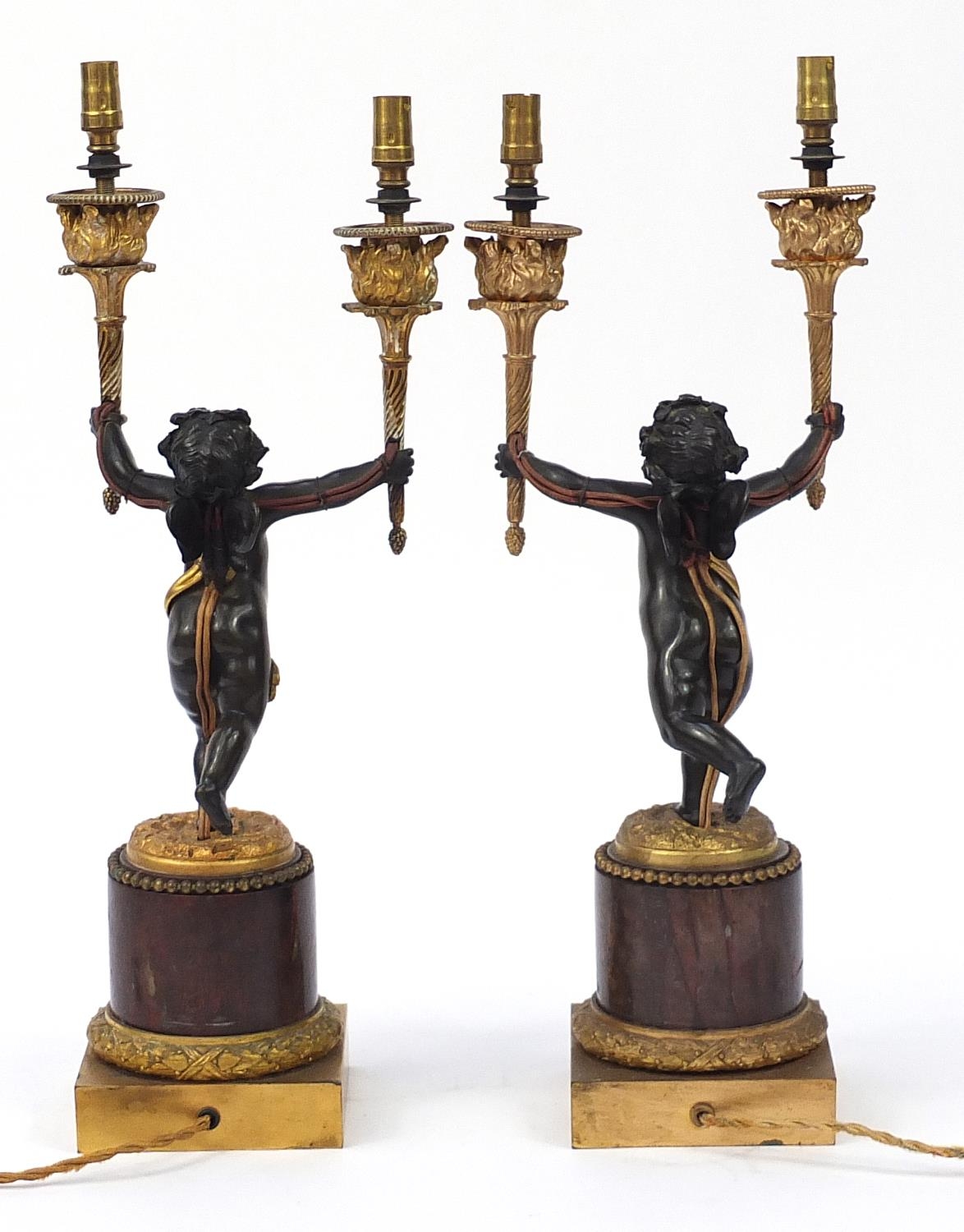 Pair of 19th century ormolu and marble Putti design two branch candelabras converted to electric - Image 3 of 7