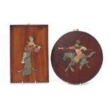 Two Chinese hardwood panels with carved soapstone inlay depicting a warrior on horseback and a
