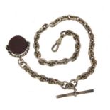 Silver watch chain with T bar and bloodstone and carnelian spinner fob, 32cm in length, 54.0g :For