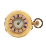 S Smith & Son Ltd, ladies 14ct gold and enamel half hunter pocket watch, 27mm in diameter, 17.2g :