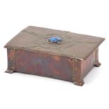 Manner of John Pearson, Arts & Crafts copper casket with inset enamel roundel, 5cm H x 15.5cm W x