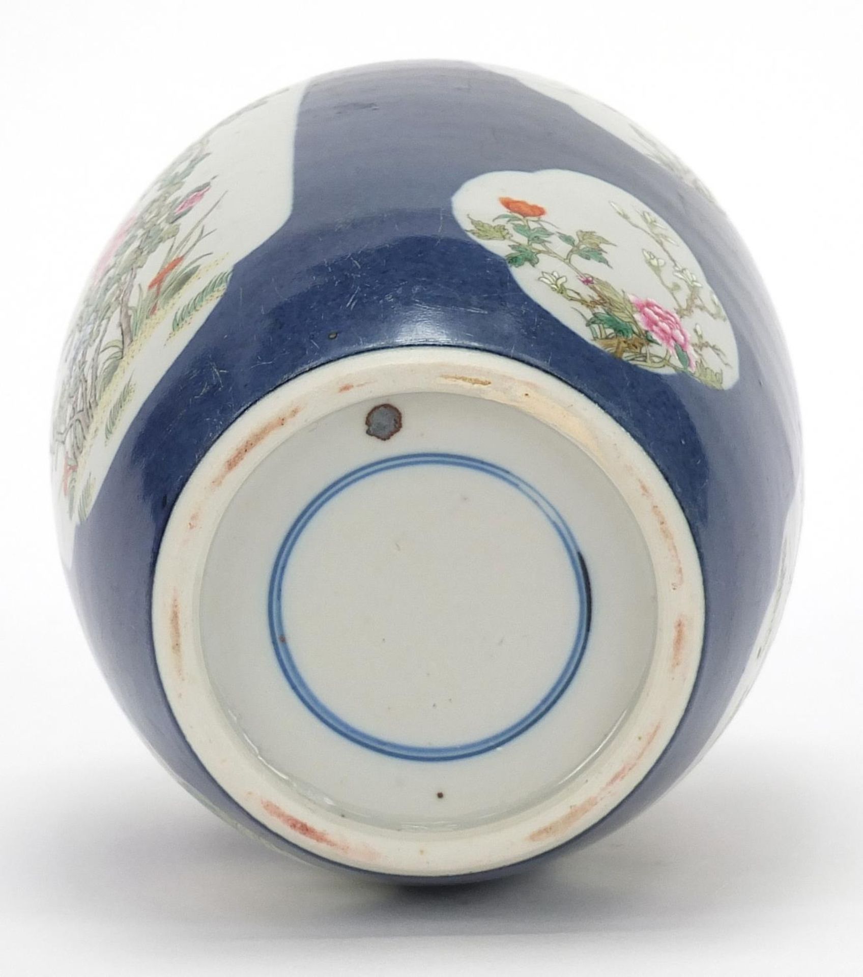 Chinese powder blue ground porcelain ginger jar hand painted in the famille rose palette with panels - Image 8 of 10