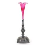 Walker & Hall silver plated single branch epergne with cranberry glass branch, 48cm high :For