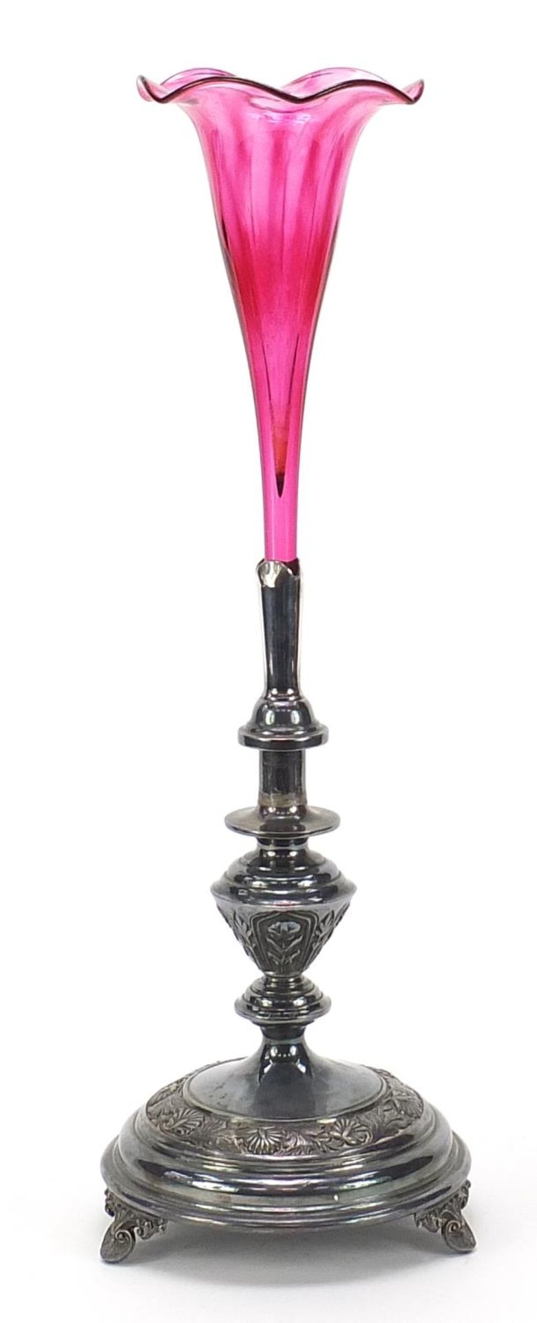 Walker & Hall silver plated single branch epergne with cranberry glass branch, 48cm high :For