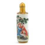 Chinese porcelain snuff bottle with stopper hand painted with an erotic couple, four figure