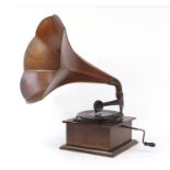 Early 20th century oak wind up gramophone with wooden horn :For Further Condition Reports Please