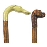 Two hardwood walking sticks with dog's head design handles including a carved wood example, the