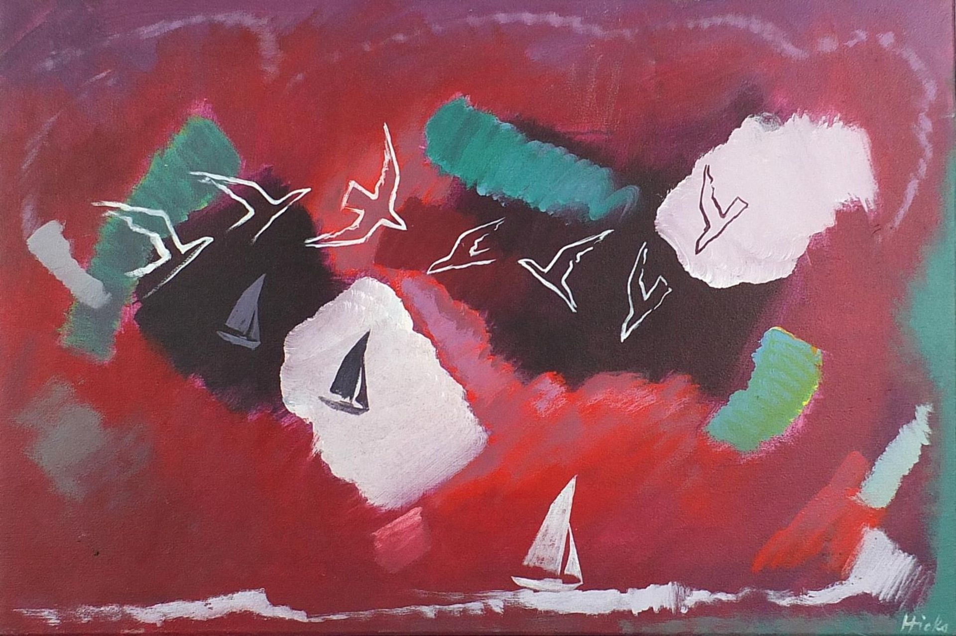 Philip Hicks '86 - Sailing by sunset: Gara, acrylic on canvas, mounted and framed, 76cm x 50.5cm