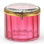 19th century cranberry glass casket with gilt metal mounts, etched Maggie Rawlinson, 7cm in diameter