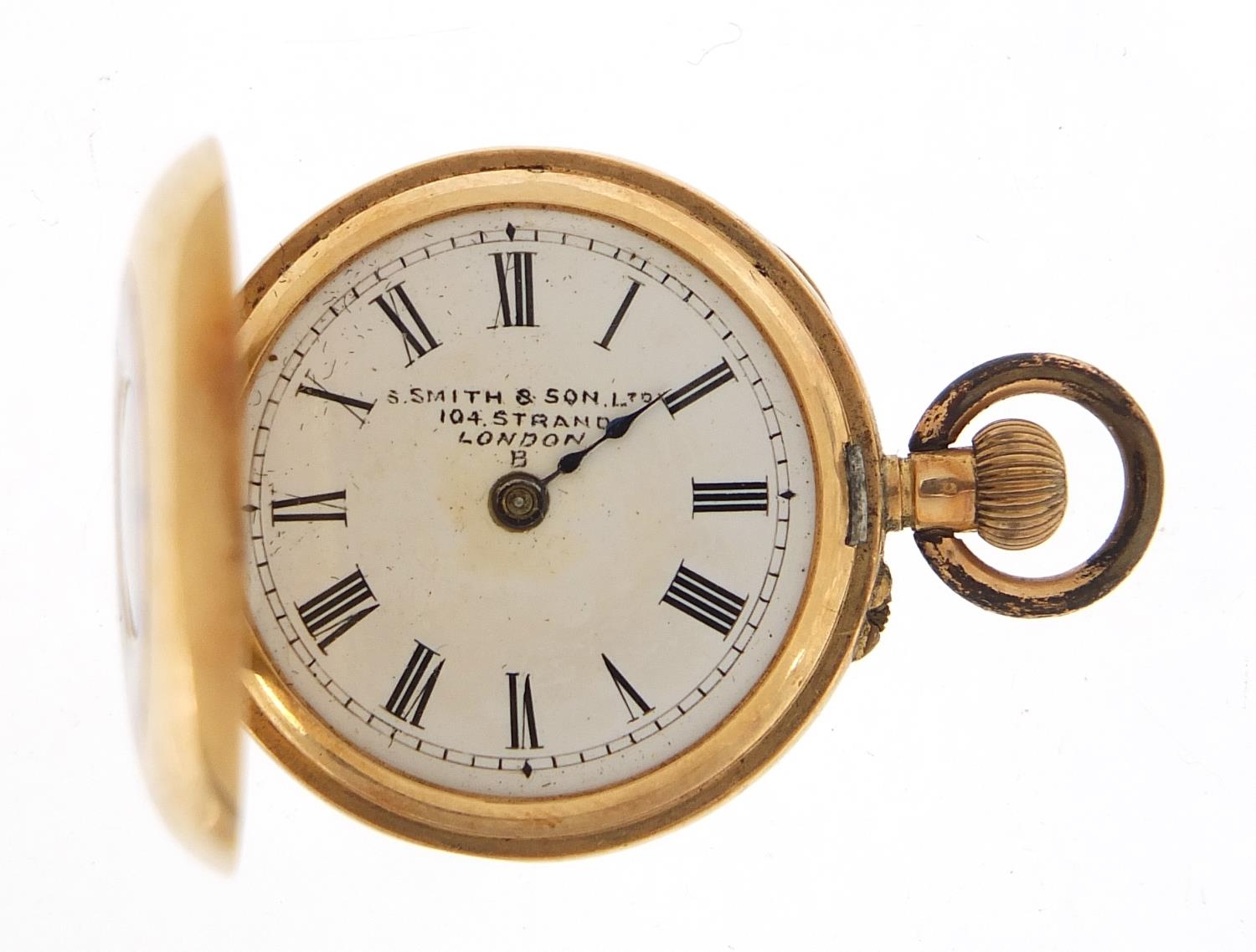 S Smith & Son Ltd, ladies 14ct gold and enamel half hunter pocket watch, 27mm in diameter, 17.2g : - Image 2 of 7