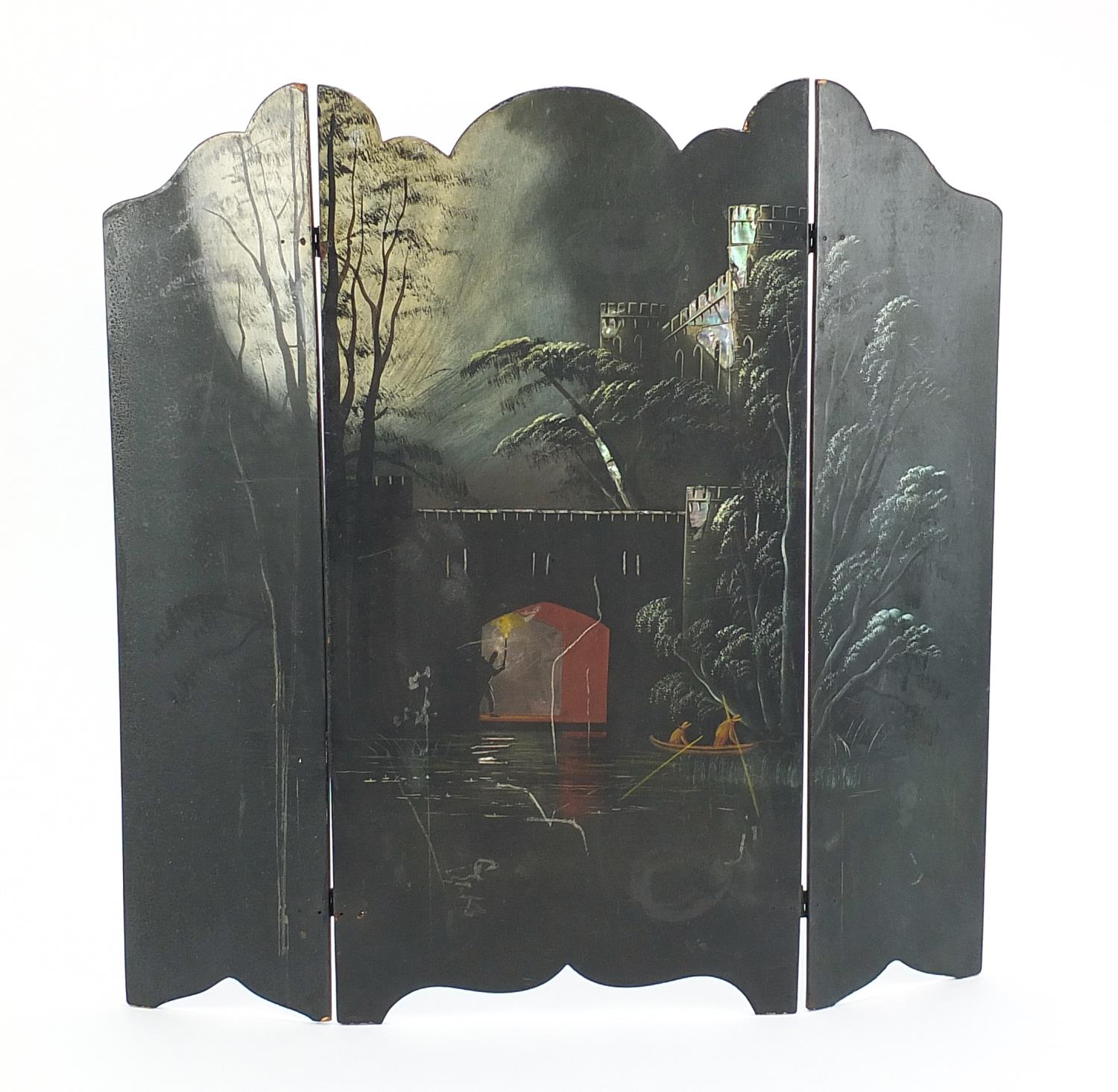 Victorian black lacquered folding screen hand painted with figures in a boat under a bridge, 60cm