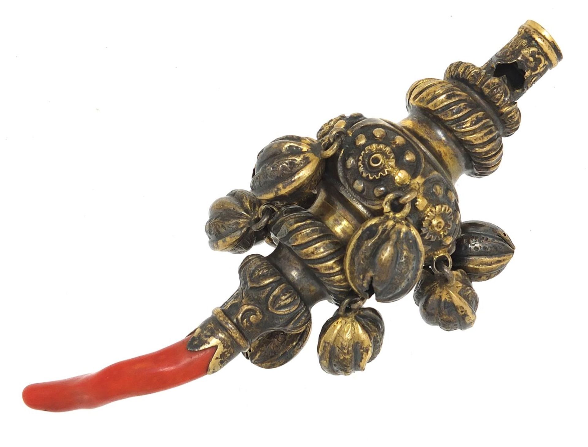 Victorian silver gilt babies' rattle whistle with coral teether, Sheffield 1865, 12.5cm in length,