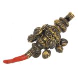 Victorian silver gilt babies' rattle whistle with coral teether, Sheffield 1865, 12.5cm in length,