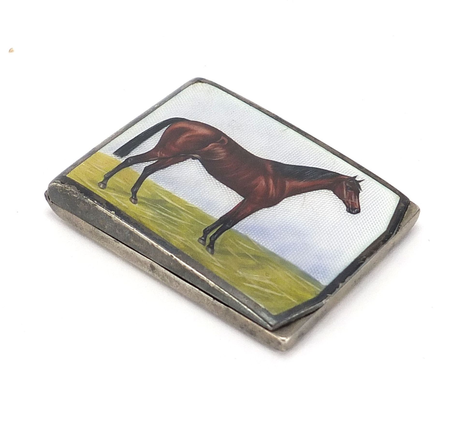 German sterling silver and enamel match box case enamelled with a thoroughbred horse, 5.5cm wide, - Image 2 of 6