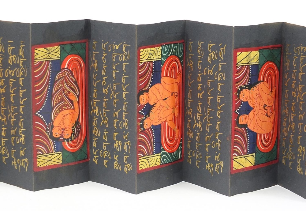 Indian fold out book hand painted with erotic scenes and calligraphy, 19.5cm x 7.5cm when closed : - Image 4 of 12