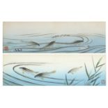 Koi in water, pair of Japanese school watercolours with seal marks, one mounted, framed and