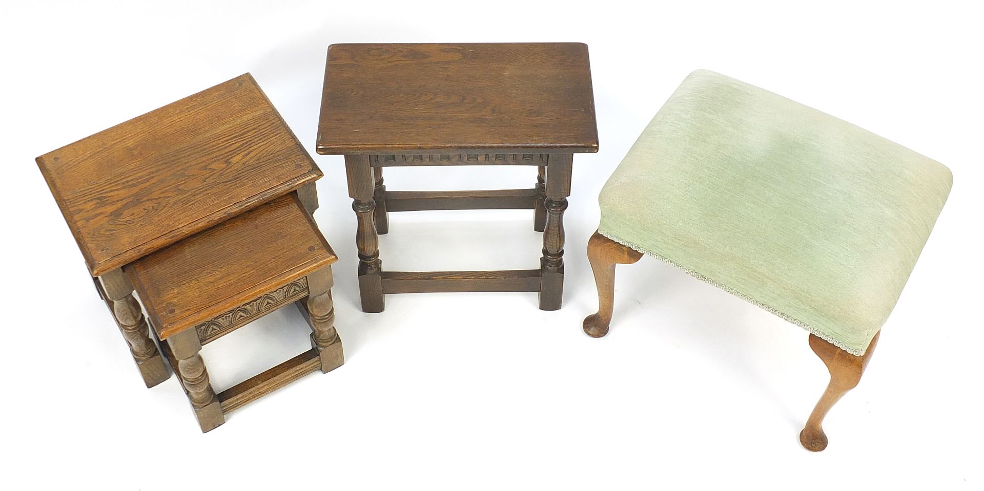 Occasional furniture comprising nest of two oak tables, oak stool and a mahogany framed stool, the - Image 2 of 3