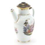 Meissen, 19th century German porcelain jug with unmarked silver lid, finely hand painted with panels