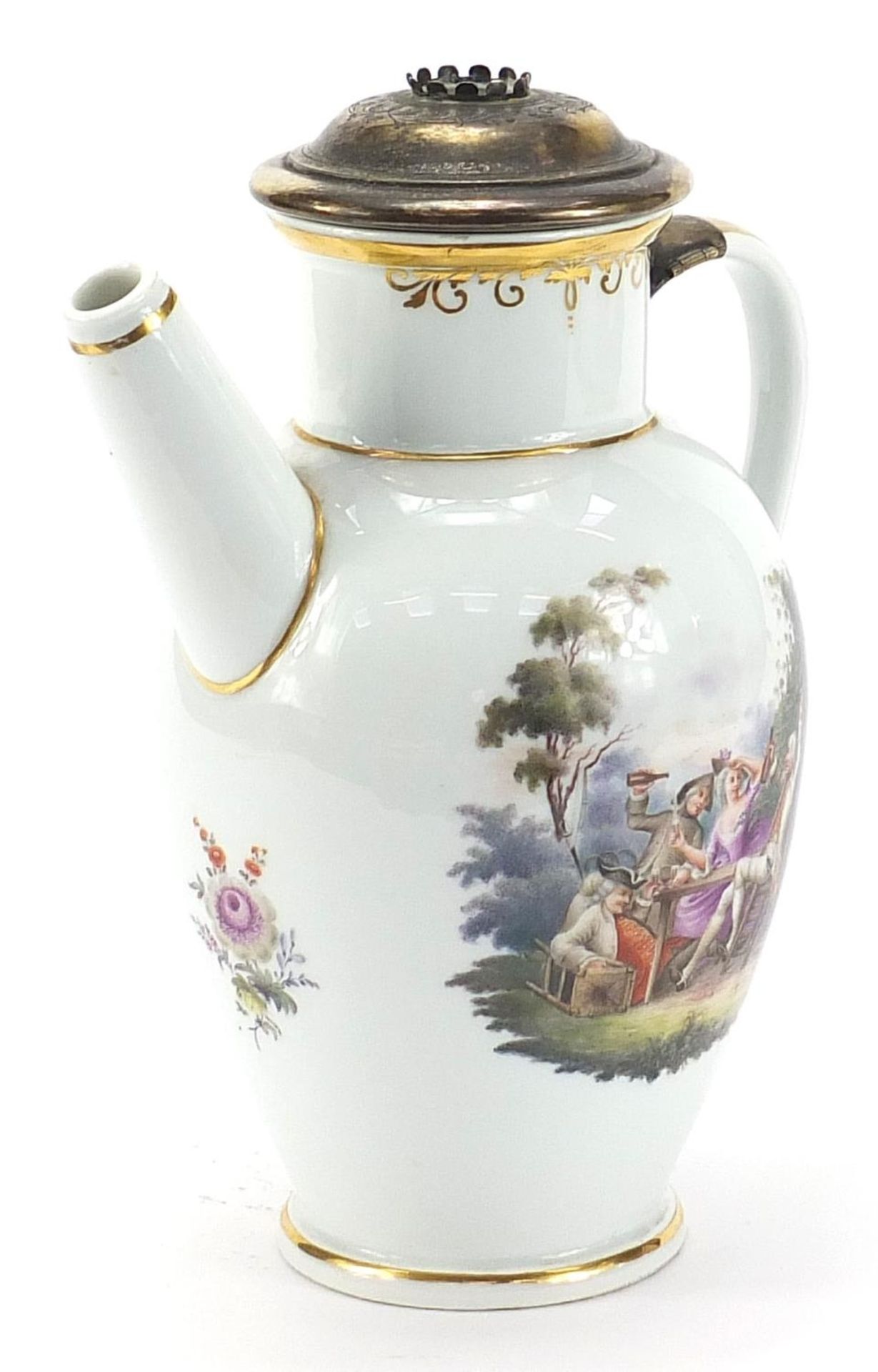 Meissen, 19th century German porcelain jug with unmarked silver lid, finely hand painted with panels