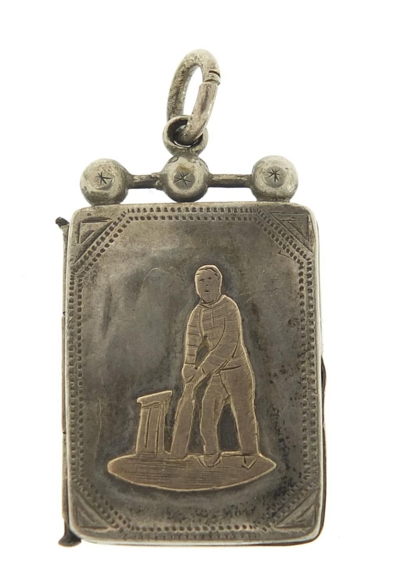 Cricket interest Victorian silver locket, Birmingham 1890, 3.5cm high, 5.6g :For Further Condition