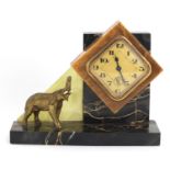 French Art Deco marble and onyx desk clock painted with a bronzed elephant, 18cm wide :For Further