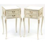 Pair of French style cream and gilt two drawer night stands, each 69.5cm H x 37cm W x 33.5cm D :