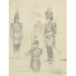Military figures including Palatine Guard, pencil sketches, mounted framed and glazed, 26cm x 19.5cm