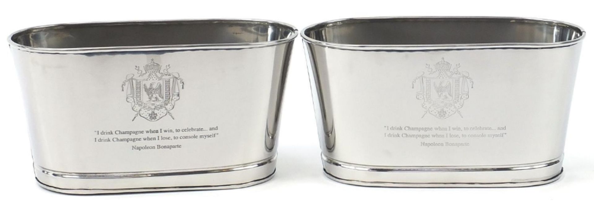Pair of Champagne ice buckets with Napoleon Bonaparte and Lily Bollinger mottos, 15.5cm H x 30cm W x