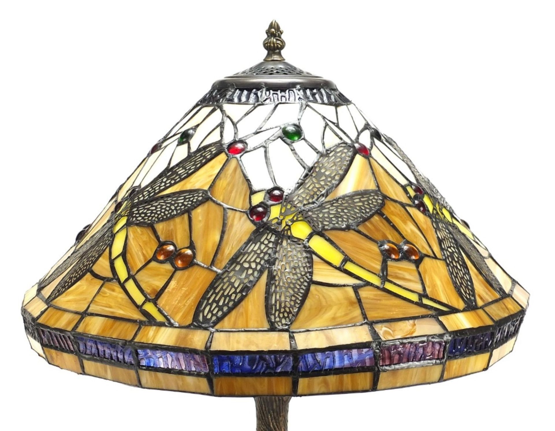 Bronzed Tiffany design leaded glass table lamp and shade decorated with dragonflies, 58cm high : - Image 2 of 3