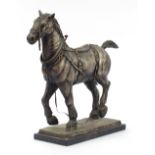 Large patinated spelter horse raised on a rectangular black marble base, 52cm in length :For Further
