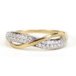 9ct gold cubic zirconia half eternity crossover ring, size O, 1.4g :For Further Condition Reports