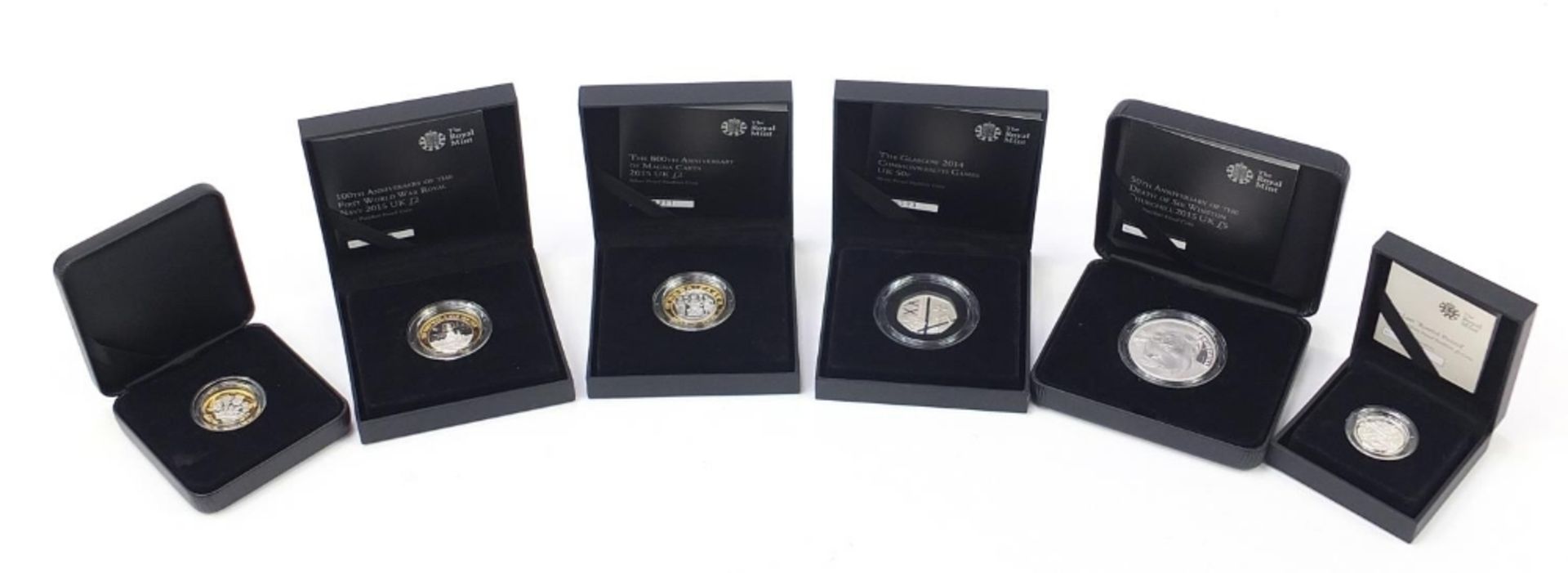 Six silver proof coins with cases and boxes comprising 50th Anniversary of the Death of Sir