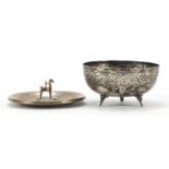 830 silver dish mounted with a figure on horseback and a circular 830S bowl raised on three feet,