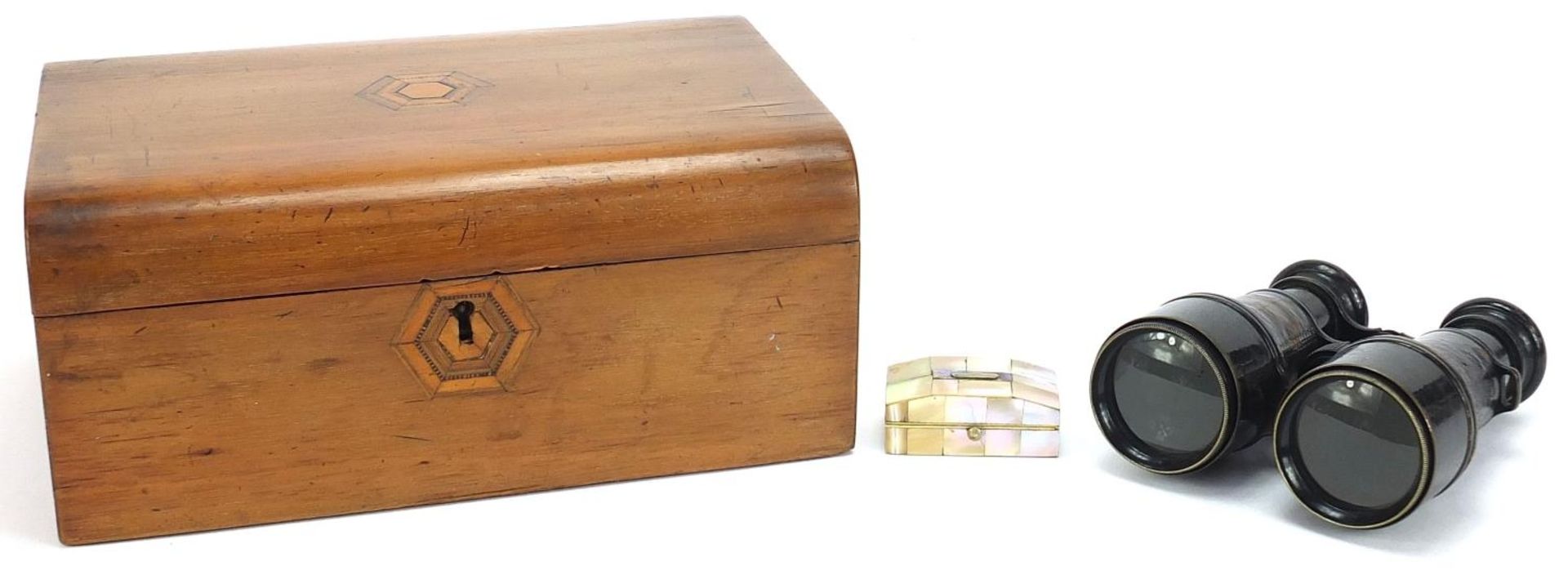 Sundry items comprising a Victorian walnut workbox, mother of pearl casket and pair of World War I