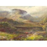 William Lakin Turner - Highland scene with sheep and cattle, oil on canvas, Stacy-Marks label verso,
