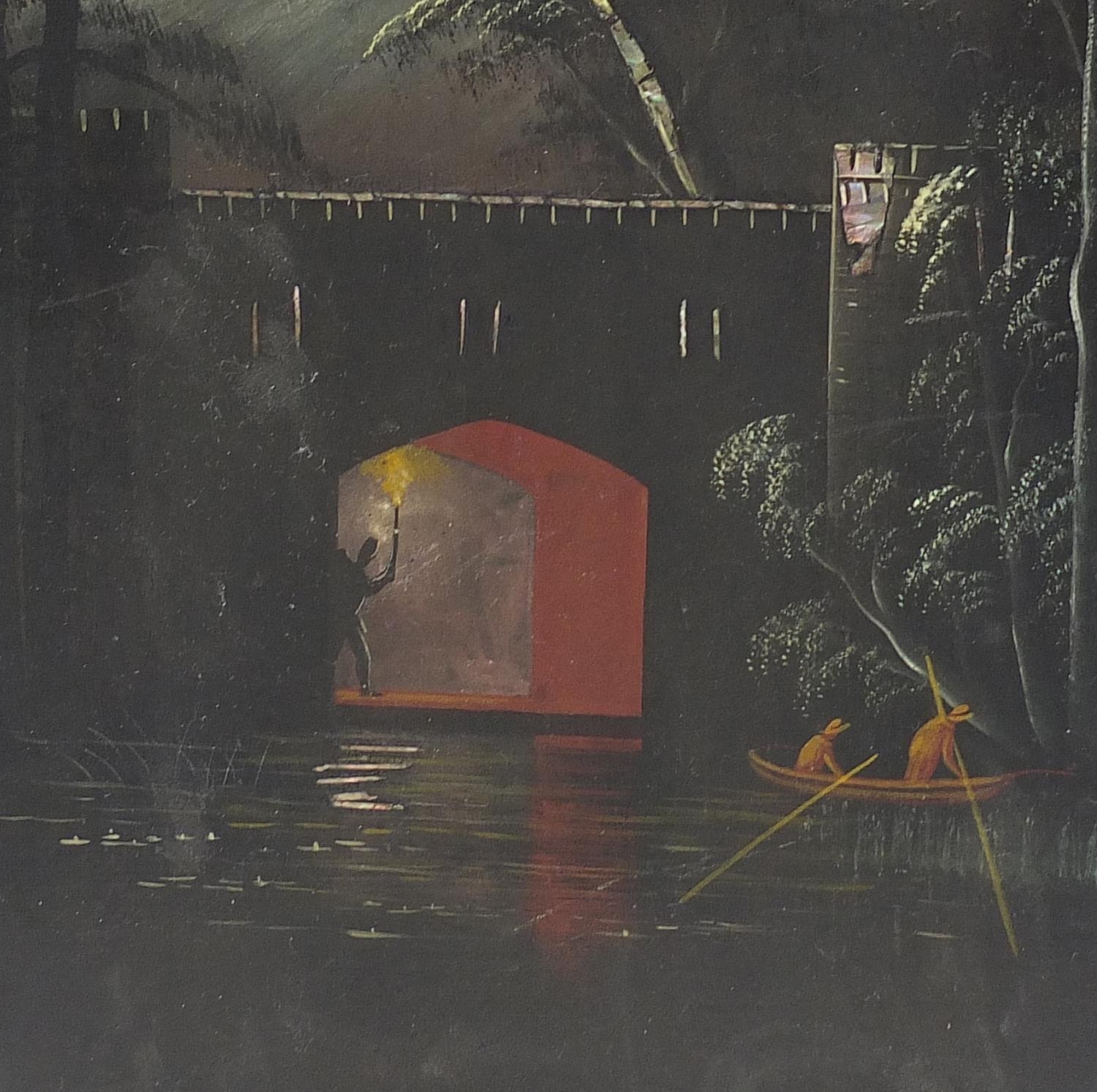 Victorian black lacquered folding screen hand painted with figures in a boat under a bridge, 60cm - Image 3 of 5