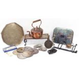 Silver plate and metalware including a large copper kettle and a four footed gallery tray, the