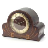 Art Deco inlaid fan shaped chiming mantle clock with Arabic numerals, 32cm wide :For Further