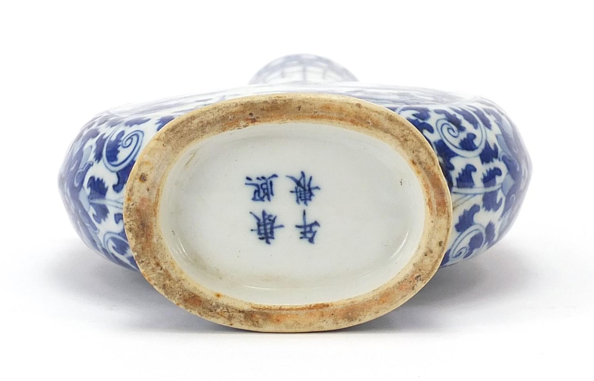 Chinese blue and white porcelain moon flask with animalia handles, finely hand painted with panels - Image 6 of 8