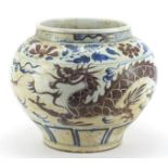 Large Chinese porcelain temple jar hand painted with a dragon amongst clouds, 30cm high :For Further