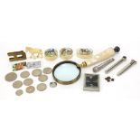 Objects including carved ivory horse, silver handle, horse design patch boxes and a magnifying glass