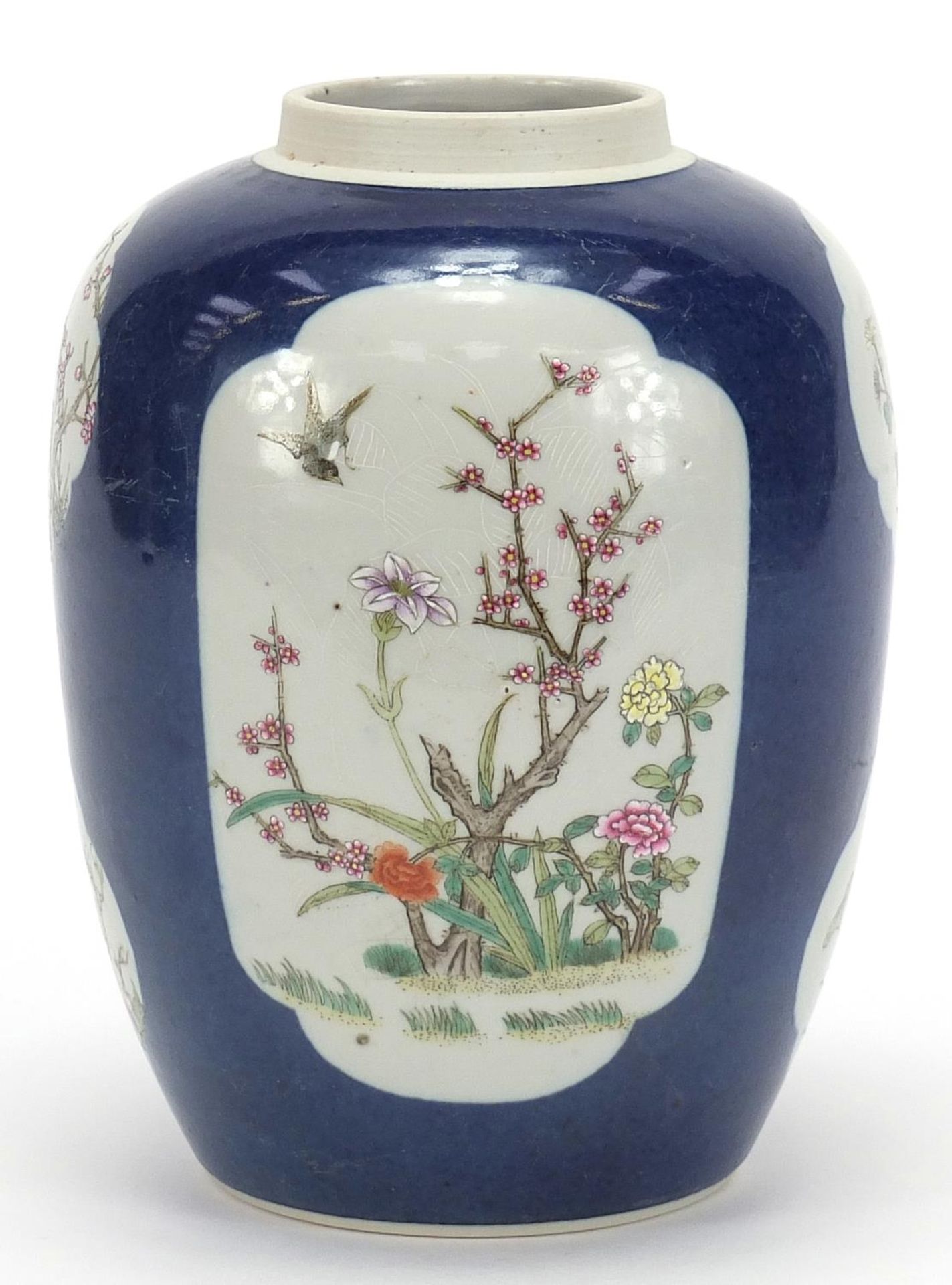 Chinese powder blue ground porcelain ginger jar hand painted in the famille rose palette with panels - Image 4 of 10