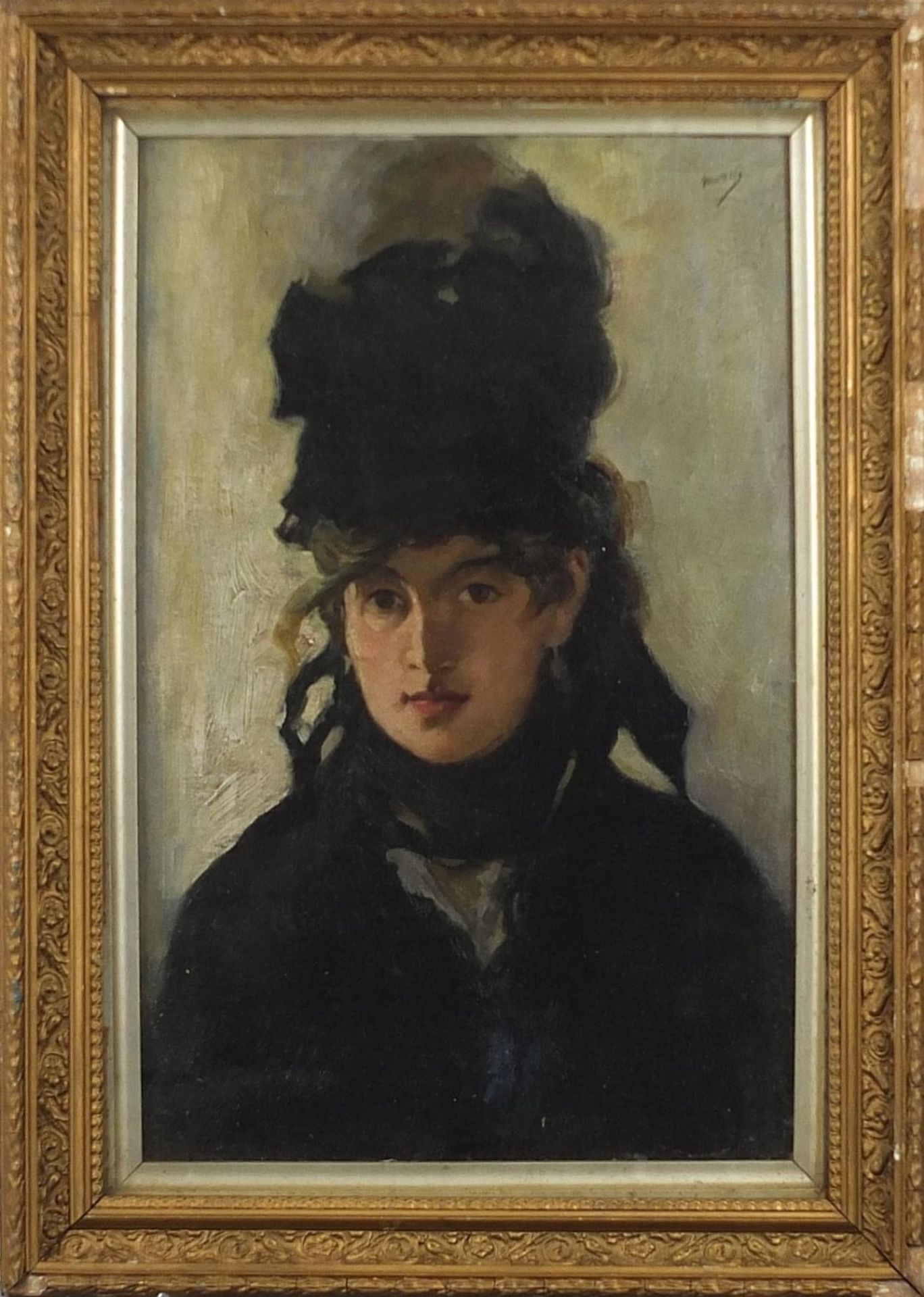 Head and shoulders portrait of a lady wearing a hat, French school oil on board, mounted, framed and - Image 2 of 4