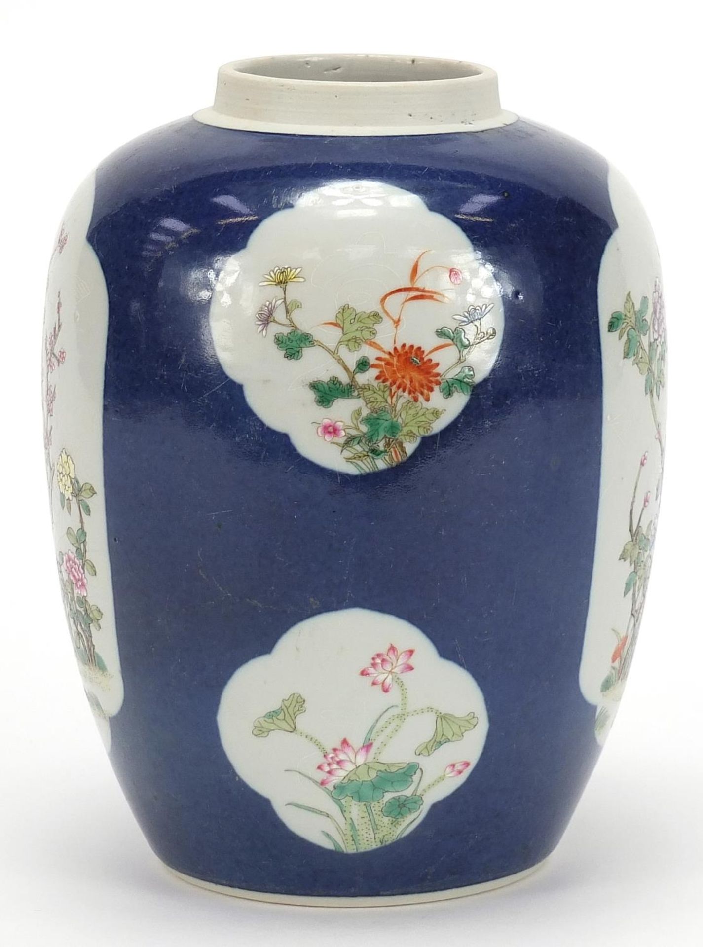 Chinese powder blue ground porcelain ginger jar hand painted in the famille rose palette with panels - Image 3 of 10