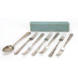 Set of six silver forks and an antique silver teaspoon, the forks 12.5cm in length, total 113.5g :