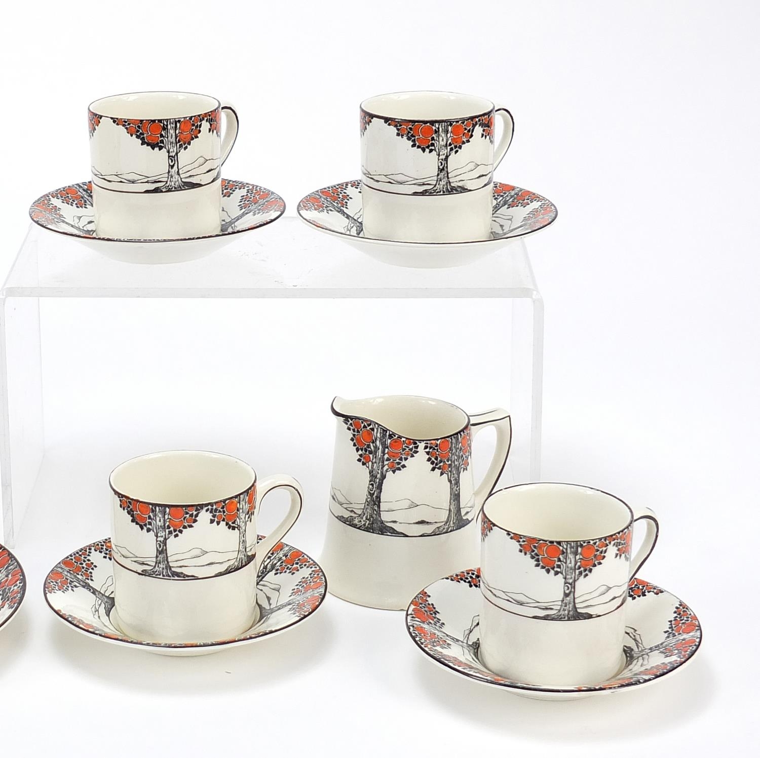 Crown Ducal, Art Deco Tall Trees eight place coffee service and a teacup with saucer, the coffee pot - Image 3 of 5