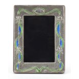 Art Nouveau design sterling silver and enamel easel photo frame embossed with stylised flowers, 19.