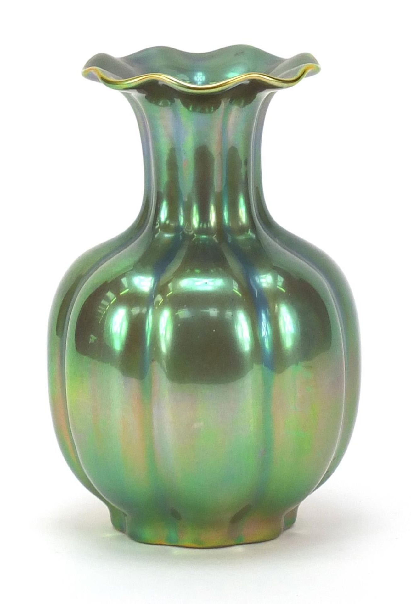 Zsolnay Pecs, Hungarian green lustre vase, 15.5cm high :For Further Condition Reports Please Visit - Image 2 of 5