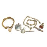 Antique and later jewellery including a watch chain with T bar, bracelet with love heart padlock,