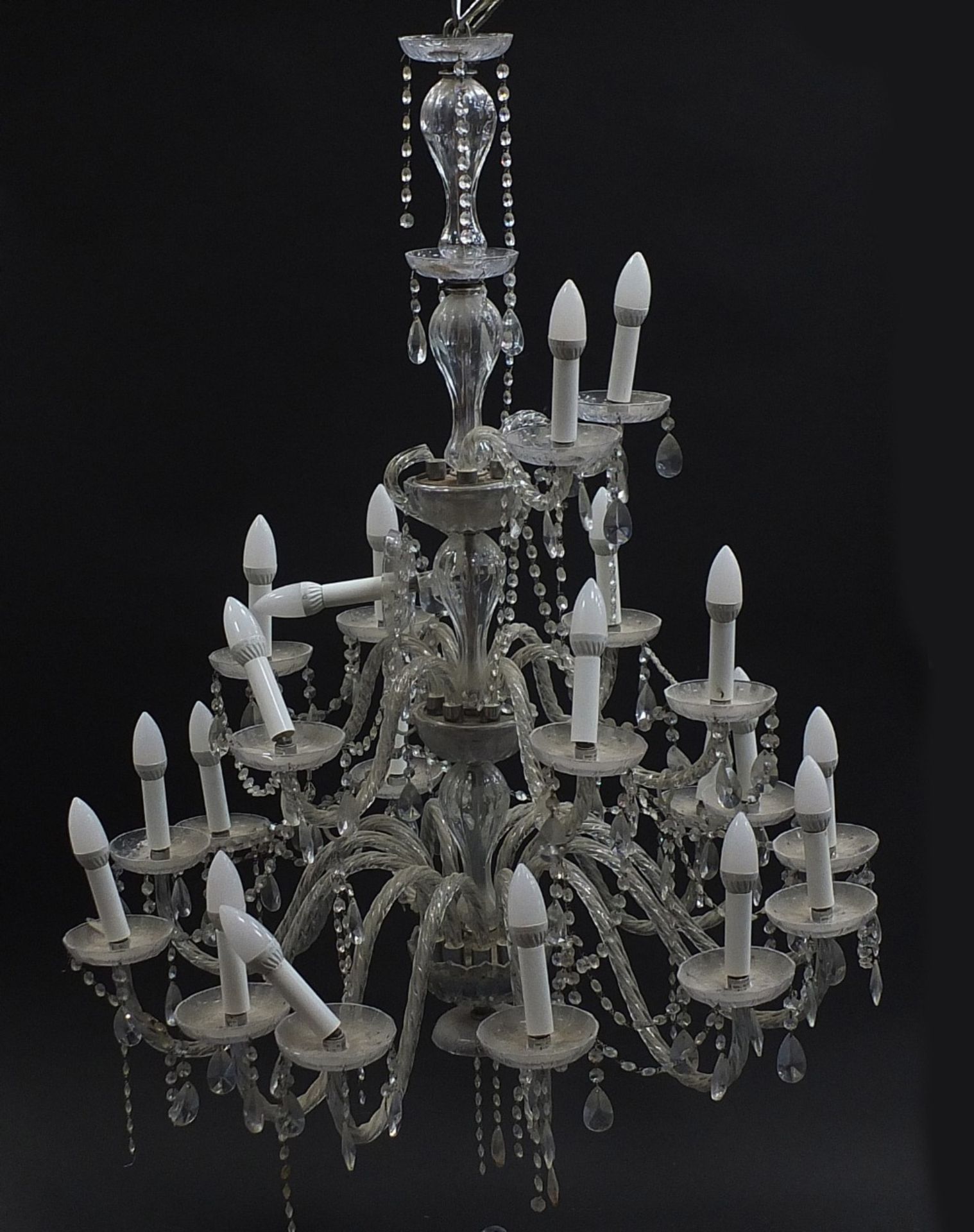 Large glass three tier chandelier with twenty one branches, approximately 110cm high x 90cm in